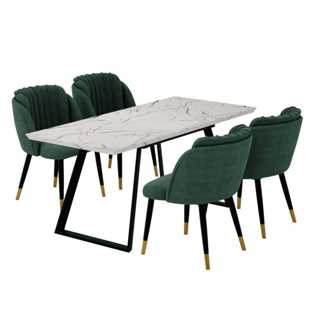 Milano Toga Extendable Dining Set - a White Extendable Dining Table & 4 Dining Chairs with Gold End Caps - Green