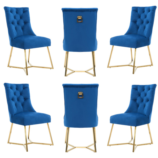 Ambra Velvet Dining Chair – Tufted Luxury Accent with Gold Legs & Ring Pull - Blue / Set of 6