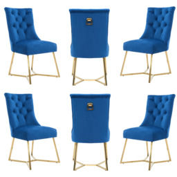 Ambra Velvet Dining Chair – Tufted Luxury Accent with Gold Legs & Ring Pull - Blue / Set of 6