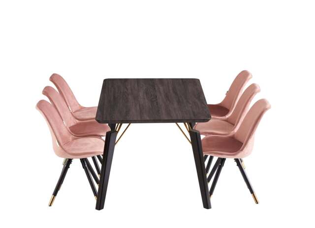 Sofia Cosmo Black LUX Dining Set with 6 Velvet Chairs - Pink
