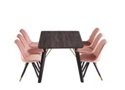 Sofia Cosmo Black LUX Dining Set with 6 Velvet Chairs - Pink