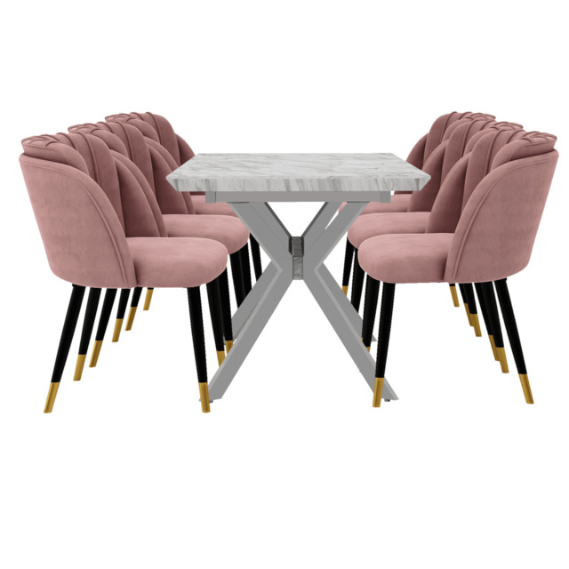 Milano Blaze LUX Dining Set - a White EXTENDABLE Dining Table & 4 Velvet Dining Chairs with Gold End Caps - Pink