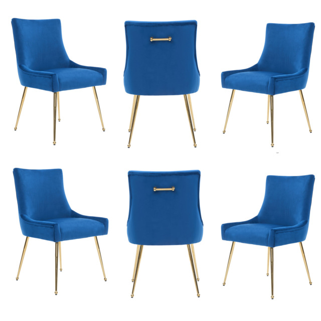 Viviana Velvet Dining Chair – Gold Legs, Ring Handle & Modern Accent - Blue / Set of 6