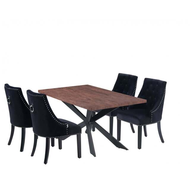 Windsor Duke Lux Dining Set - A Walnut Table with Set of 4 Dining Chairs - Black