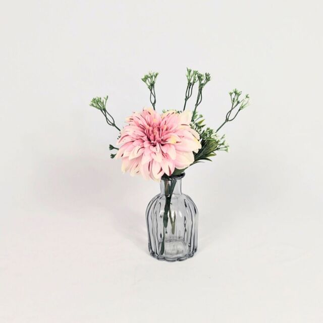 Peony Dahlia and Foliage in Smoked Ridged Vase