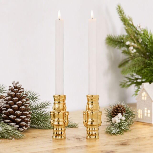 Home Stories Set Of 2 Gold Christmas Candle Holders w/LED Candles