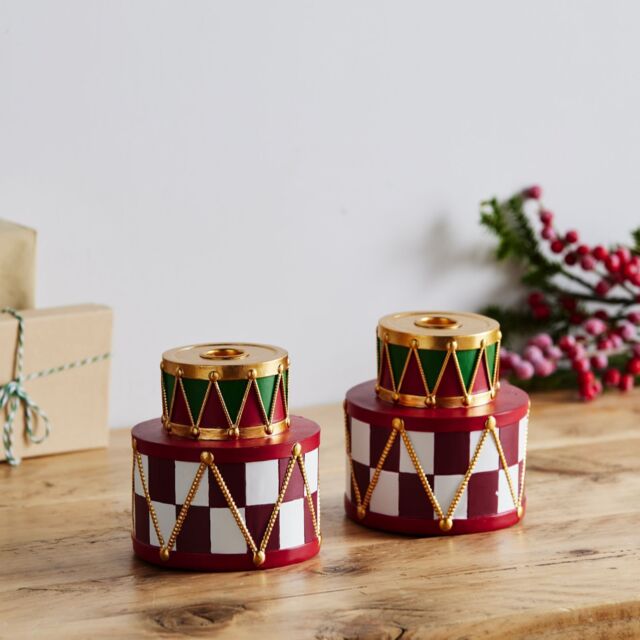 Santa Express Set of 2 Vintage Style Drum Candle Stick Holder