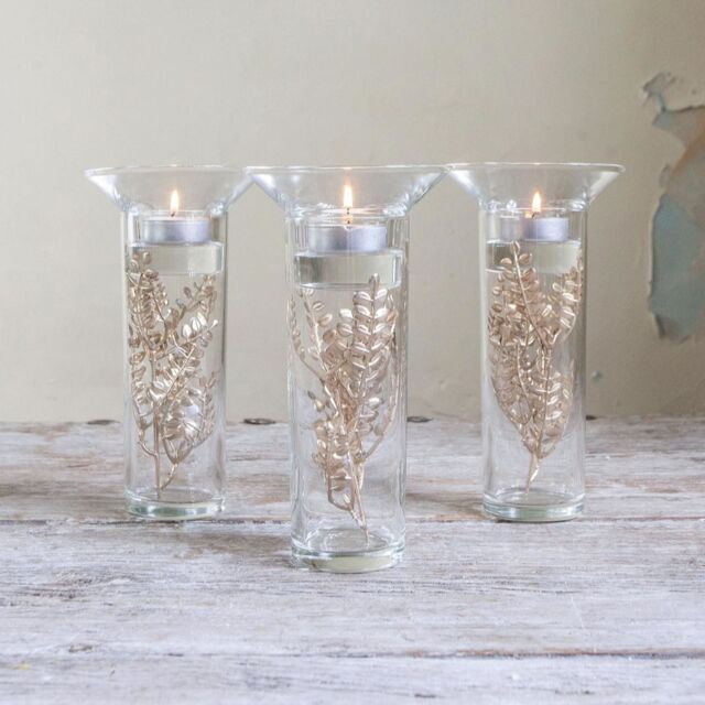 Peony Set of 3 Tealight Holders Gold Mimosa Stems
