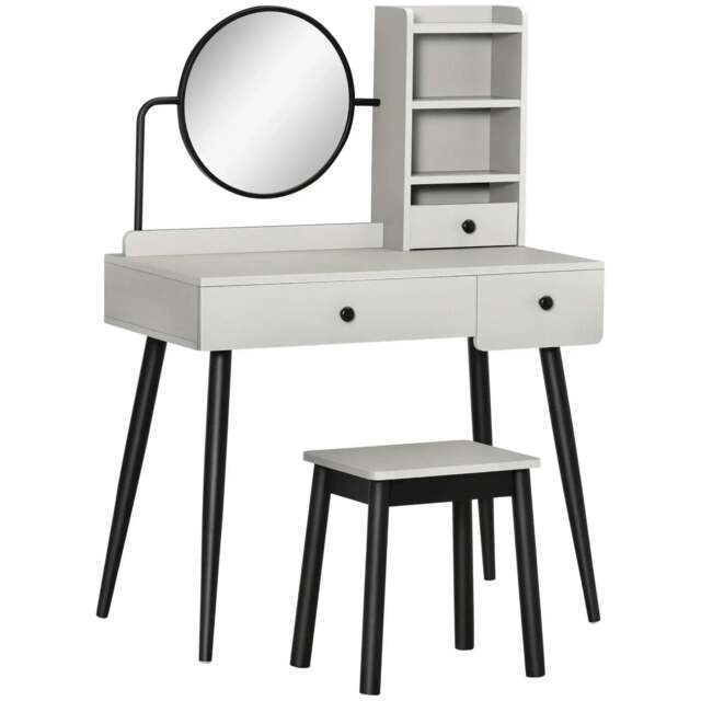Rackhams Dressing Table Set with Mirror and Stool, Vanity Makeup Table with 3 Drawers and Open Shelves for Bedroom, Living Room, Grey - image 1