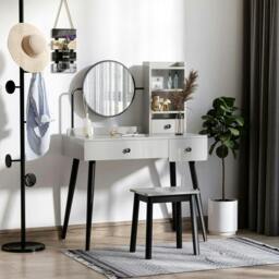 Rackhams Dressing Table Set with Mirror and Stool, Vanity Makeup Table with 3 Drawers and Open Shelves for Bedroom, Living Room, Grey - thumbnail 4