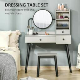 Rackhams Dressing Table Set with Mirror and Stool, Vanity Makeup Table with 3 Drawers and Open Shelves for Bedroom, Living Room, Grey - thumbnail 5