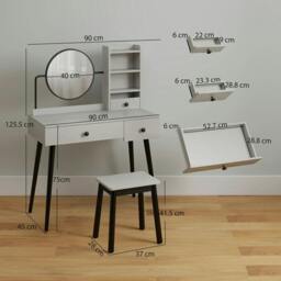 Rackhams Dressing Table Set with Mirror and Stool, Vanity Makeup Table with 3 Drawers and Open Shelves for Bedroom, Living Room, Grey - thumbnail 3