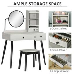 Rackhams Dressing Table Set with Mirror and Stool, Vanity Makeup Table with 3 Drawers and Open Shelves for Bedroom, Living Room, Grey - thumbnail 6