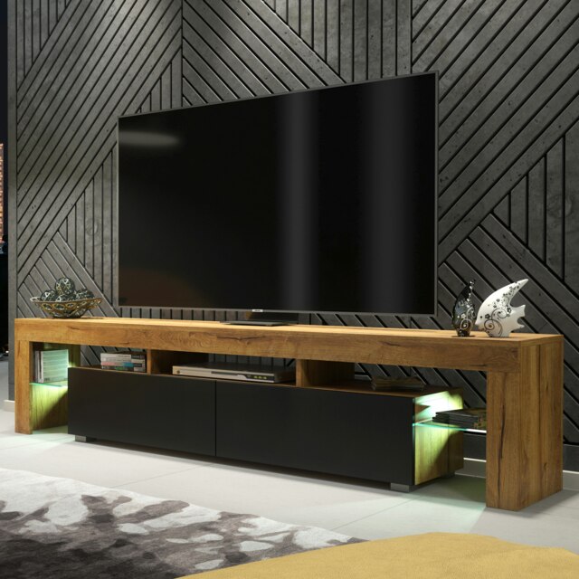 Rackhams Sleek 200 cm Modern TV Unit Cabinet Stand Oak Matt Black Doors with Free LED Lights - 200 cm - 1 - Oak Matt Body & Black Matt Doors - image 1