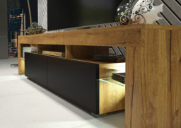 Rackhams Sleek 200 cm Modern TV Unit Cabinet Stand Oak Matt Black Doors with Free LED Lights - 200 cm - 1 - Oak Matt Body & Black Matt Doors - thumbnail 5