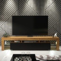Rackhams Sleek 200 cm Modern TV Unit Cabinet Stand Oak Matt Black Doors with Free LED Lights - 200 cm - 1 - Oak Matt Body & Black Matt Doors - thumbnail 3