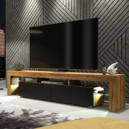 Rackhams Sleek 200 cm Modern TV Unit Cabinet Stand Oak Matt Black Doors with Free LED Lights - 200 cm - 1 - Oak Matt Body & Black Matt Doors - thumbnail 2