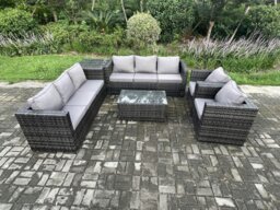 Rackhams 8 Seater Outdoor Lounge Sofa Set Wicker PE Rattan Garden Furniture Set with 2 Armchair Oblong Coffee Table Side Table Dark Grey Mixed - thumbnail 1