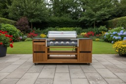 Rackhams Avellino Teak Outdoor Kitchen BBQ Trolley on Wheels - thumbnail 1