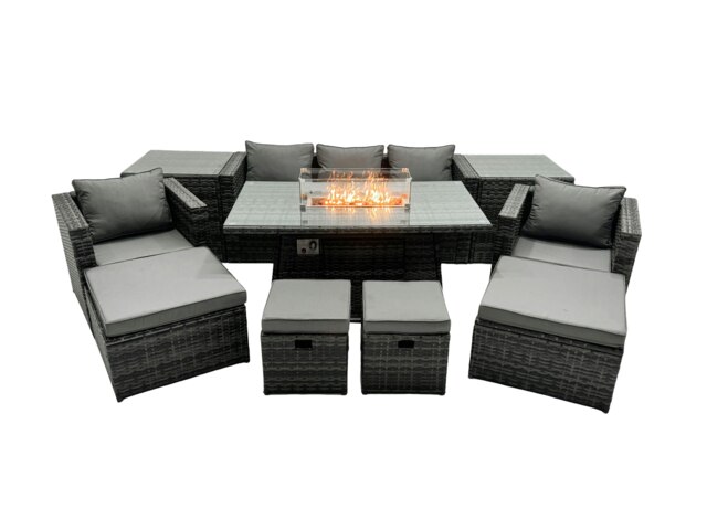 Rackhams Rattan Garden Furniture Fire Pit Dining Set 9 Seater Lounge Sofa Table Set with 2 side table 4 Footstool - image 1