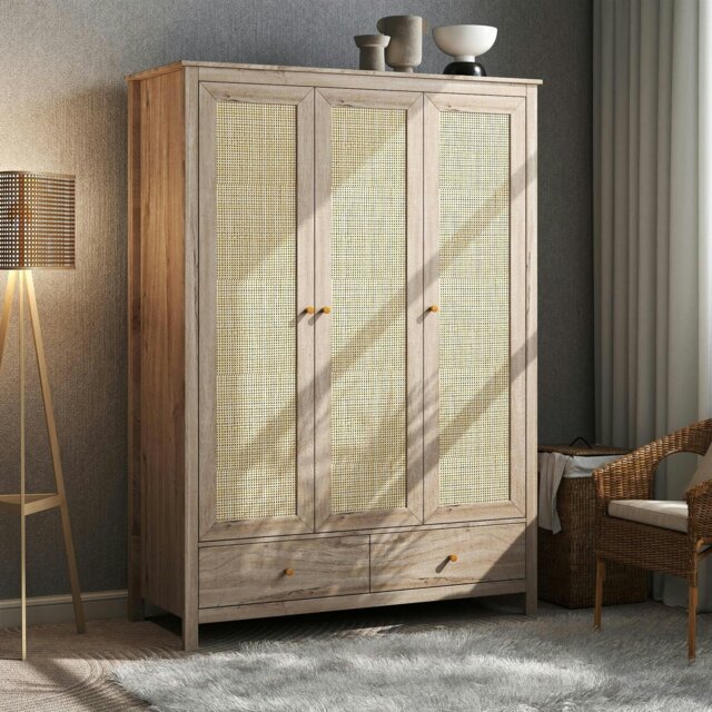 Rackhams Willow Rattan 3 Door Triple Wardrobe with 2 Drawers - Oak and Rattan