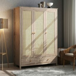 Rackhams Willow Rattan 3 Door Triple Wardrobe with 2 Drawers - Oak and Rattan
