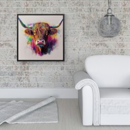 "Rackhams Super Splashart Highland Cow Framed Canvas - Black - 40"" x 40""" - thumbnail 1