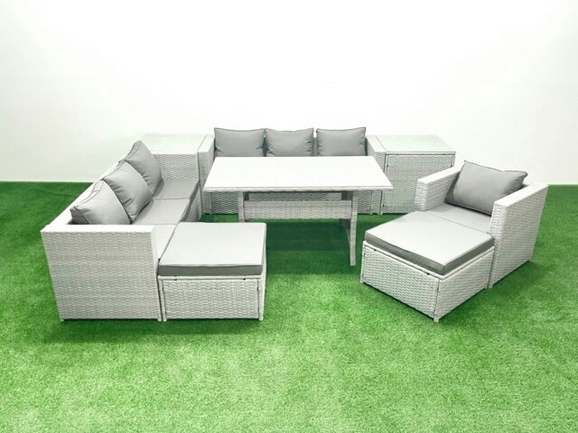 Rackhams 9 Pieces Outdoor Rattan Sofa Set with Cushions Patio Garden Furniture Sets with Armchair Dining Table 2 Side Tables 2 Big Footstools - image 1