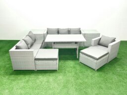 Rackhams 9 Pieces Outdoor Rattan Sofa Set with Cushions Patio Garden Furniture Sets with Armchair Dining Table 2 Side Tables 2 Big Footstools - thumbnail 1