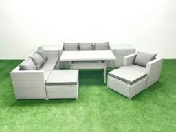 Rackhams 9 Pieces Outdoor Rattan Sofa Set with Cushions Patio Garden Furniture Sets with Armchair Dining Table 2 Side Tables 2 Big Footstools - thumbnail 2
