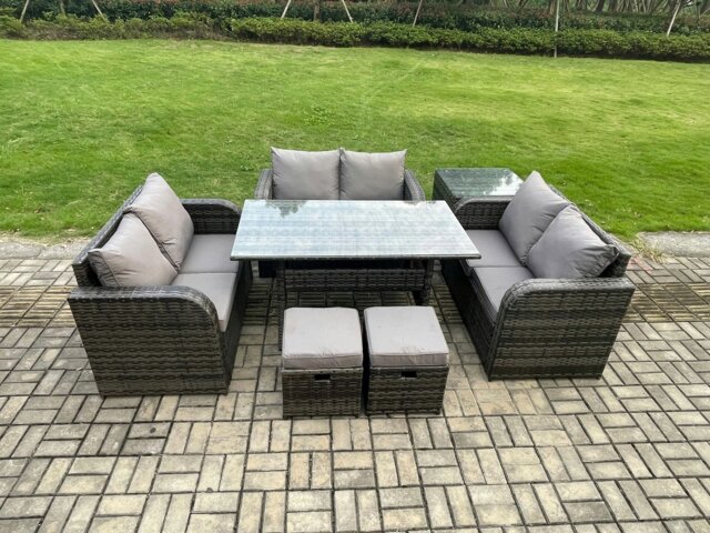 Rackhams 8 Seater Outdoor Rattan Garden Furniture Set with Patio Rectangular Dining Table Love Sofa Side Table 2 Small Footstools Dark Grey Mixed - image 1