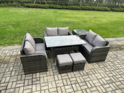 Rackhams 8 Seater Outdoor Rattan Garden Furniture Set with Patio Rectangular Dining Table Love Sofa Side Table 2 Small Footstools Dark Grey Mixed - thumbnail 2