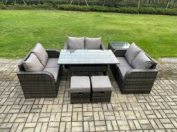 Rackhams 8 Seater Outdoor Rattan Garden Furniture Set with Patio Rectangular Dining Table Love Sofa Side Table 2 Small Footstools Dark Grey Mixed - thumbnail 1