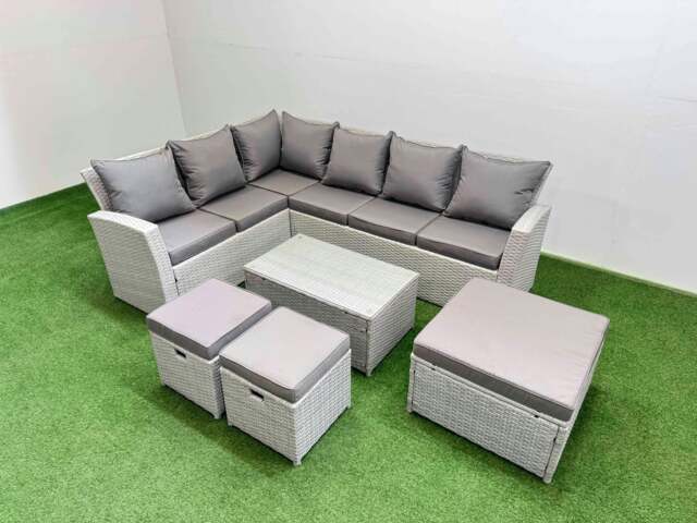 Rackhams Outdoor Rattan Garden Furniture Set 9 Seater Corner Sofa Sets with Square Coffee Table 3 Footstools Light Grey Mixed - image 1