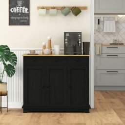Rackhams Sideboard Buffet Cabinet with Rubber Wood Top and Drawers, Black - Rustic brown - Rustic brown wood finish - Sideboard - thumbnail 3