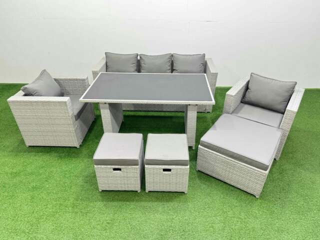 Rackhams Patio Garden Furniture Sets with Black Glass Top Dining Table Armchair 3 Seater Sofa 3 Stool Light Grey - image 1