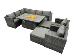 Rackhams Rattan Garden Furniture Dining Set 10 seater Gas Fire Pit Dining Table Corner Sofa Set with 2 Big Stools Dark Grey Mixed - thumbnail 1