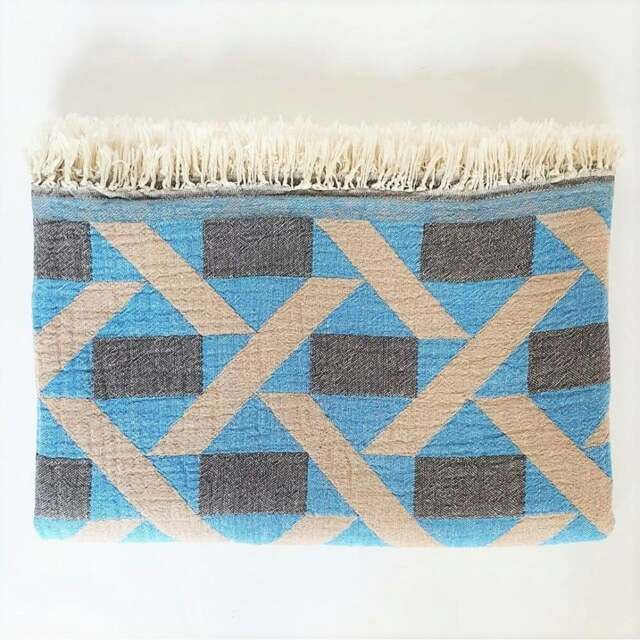 Rackhams Camden Soft Cotton Jacquard Throw - Turquoise Blue on Taupe - image 1