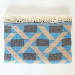 Rackhams Camden Soft Cotton Jacquard Throw - Turquoise Blue on Taupe - thumbnail 1
