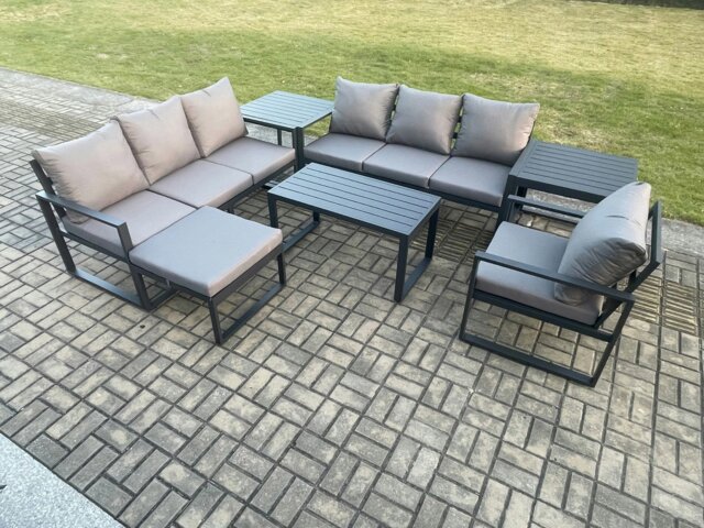 Rackhams Aluminium 8 Seater Garden Furniture Outdoor Patio Sofa Set with Rectangular Coffee Table Armchair Big Footstool 2 Side Tables Dark Grey - image 1