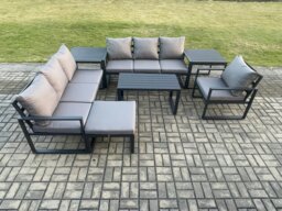 Rackhams Aluminium 8 Seater Garden Furniture Outdoor Patio Sofa Set with Rectangular Coffee Table Armchair Big Footstool 2 Side Tables Dark Grey - thumbnail 2