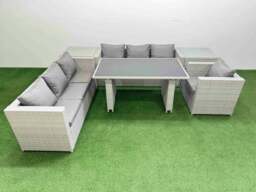 Rackhams Patio Garden Furniture Sets with Black Glass Top Dining Table 3 Seater Sofa Armchair 2 Side Tables Light Grey - thumbnail 1