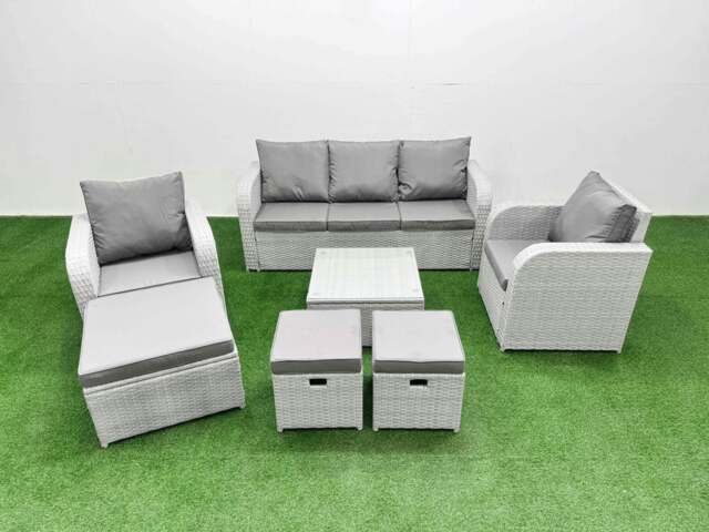 Rackhams PE Rattan Garden Furniture Set Reclining Chair Sofa Lounge Sofa Set Square Coffee Table 3 Stools Light Grey - image 1