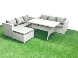 Rackhams Rattan Garden Furniture Set 7 Seater Outdoor Sofa Set with Dining Table Big Footstool Light Grey Mixed - thumbnail 1