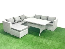 Rackhams Rattan Garden Furniture Set 7 Seater Outdoor Sofa Set with Dining Table Big Footstool Light Grey Mixed - thumbnail 2