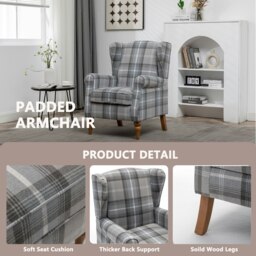 Rackhams Wingback Tartan Armchair, Retro Accent Chair Soft Padded Fabric Lounge Padded Sofa Chair with  Solid Wood Frame - Blue - thumbnail 3
