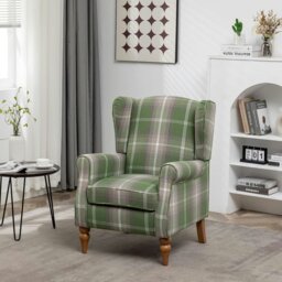 Rackhams Wingback Tartan Armchair, Retro Accent Chair Soft Padded Fabric Lounge Padded Sofa Chair with  Solid Wood Frame - Blue - thumbnail 6