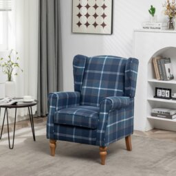 Rackhams Wingback Tartan Armchair, Retro Accent Chair Soft Padded Fabric Lounge Padded Sofa Chair with  Solid Wood Frame - Blue