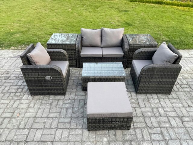 Rackhams Wicker PE Rattan Outdoor Furniture Set Garden Love Sofa Coffee Table 2 Armchair 2 Side Tables Big Footstool Dark Grey Mixed - image 1