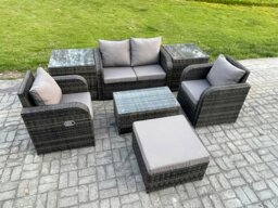 Rackhams Wicker PE Rattan Outdoor Furniture Set Garden Love Sofa Coffee Table 2 Armchair 2 Side Tables Big Footstool Dark Grey Mixed - thumbnail 2